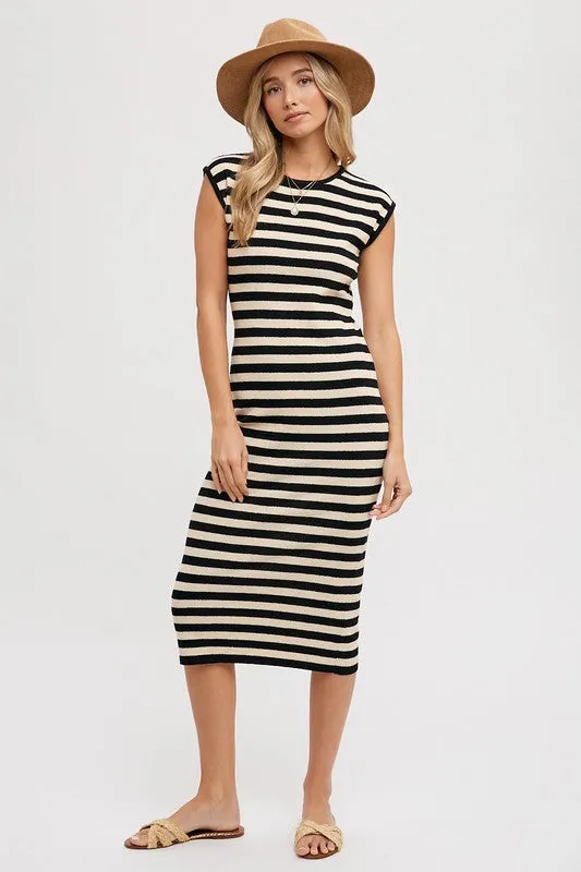 The Winnifred Striped Midi Dress in Black and Taupe