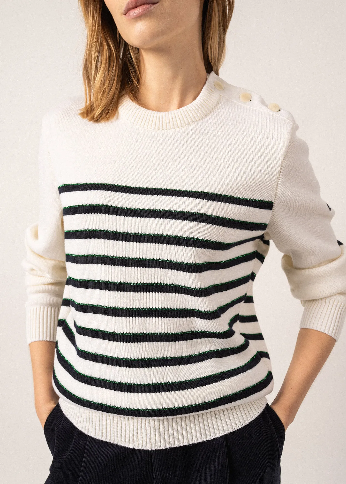 Verdon Striped Sailor-inspired Jumper - with square elbow patches, in wool (BLANC/NAVY/VERT)