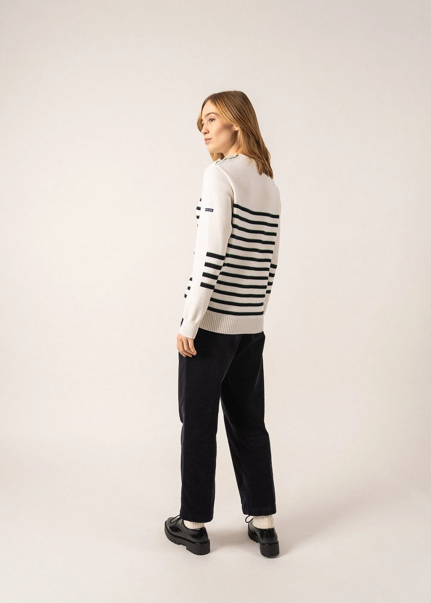 Verdon Striped Sailor-inspired Jumper - with square elbow patches, in wool (BLANC/NAVY/VERT)