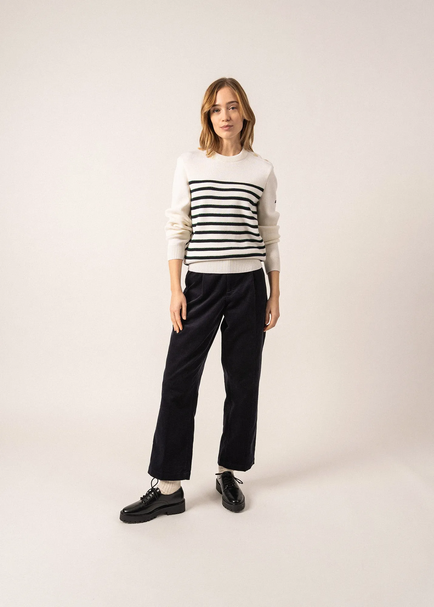 Verdon Striped Sailor-inspired Jumper - with square elbow patches, in wool (BLANC/NAVY/VERT)