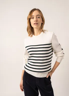 Verdon Striped Sailor-inspired Jumper - with square elbow patches, in wool (BLANC/NAVY/VERT)