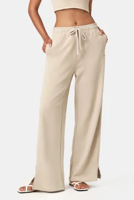 Waffle Texture Side-Slit Wide Leg Pants