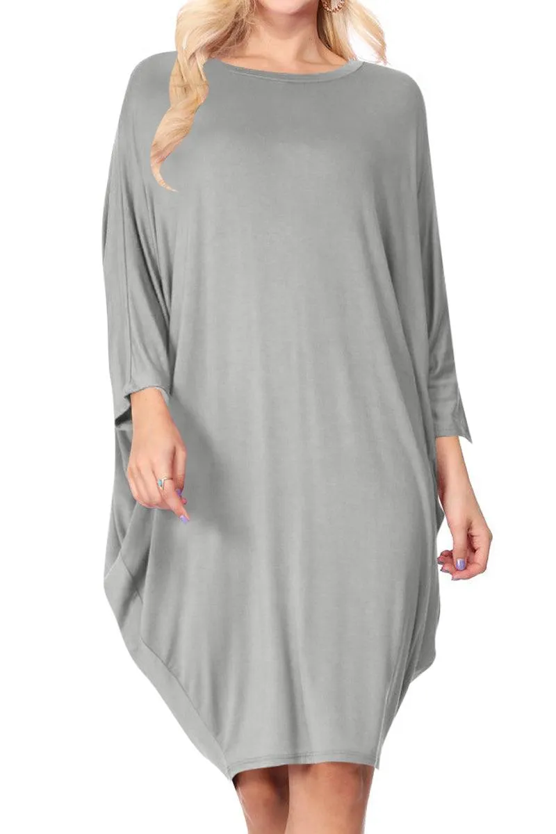 Women's Casual Loose Fit Long Sleeves Dolman Style Solid Midi Dress