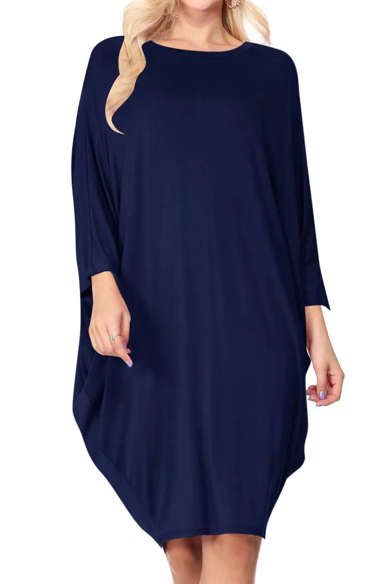 Women's Casual Loose Fit Long Sleeves Dolman Style Solid Midi Dress