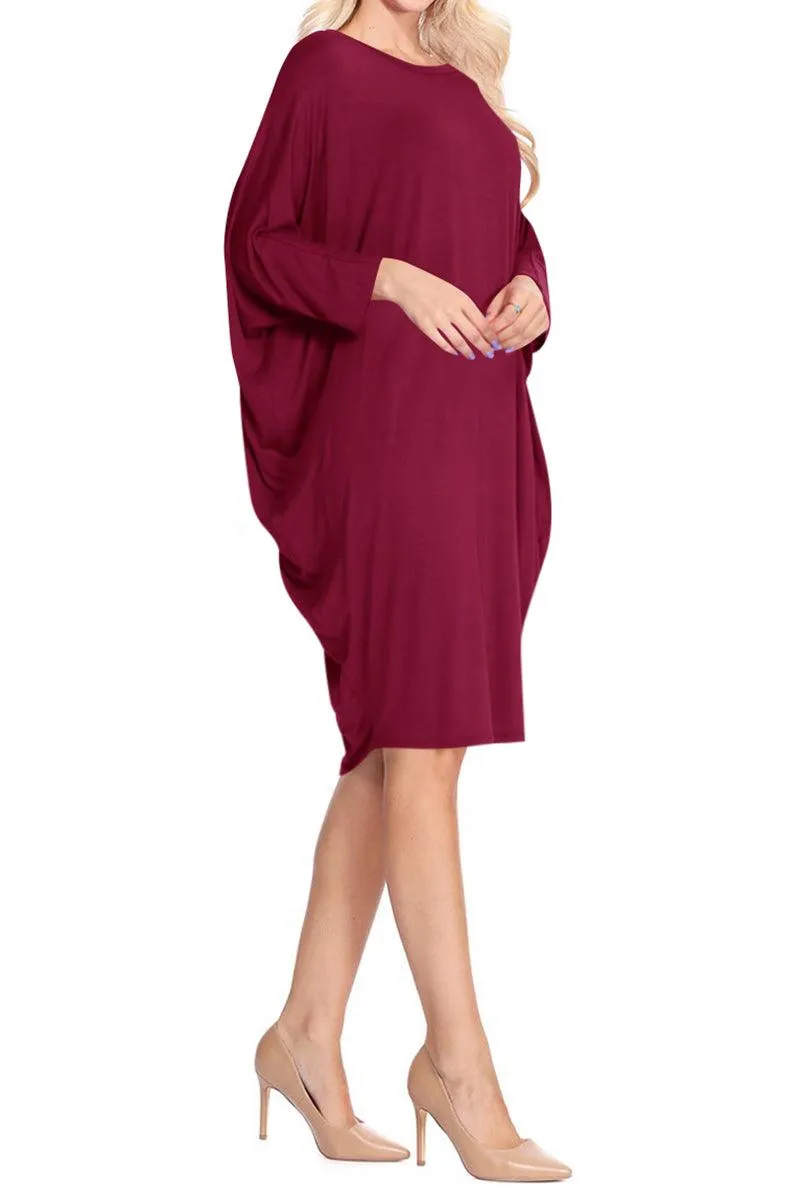 Women's Casual Loose Fit Long Sleeves Dolman Style Solid Midi Dress