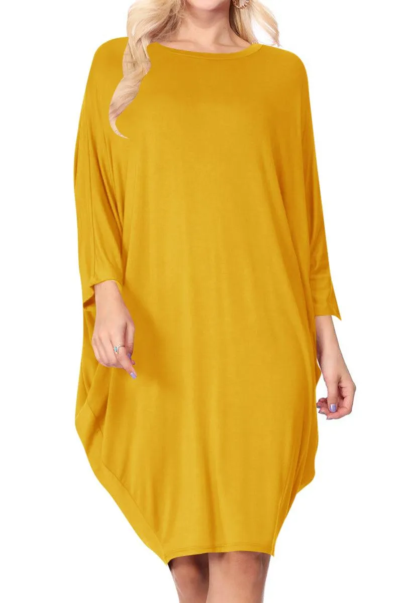 Women's Casual Loose Fit Long Sleeves Dolman Style Solid Midi Dress