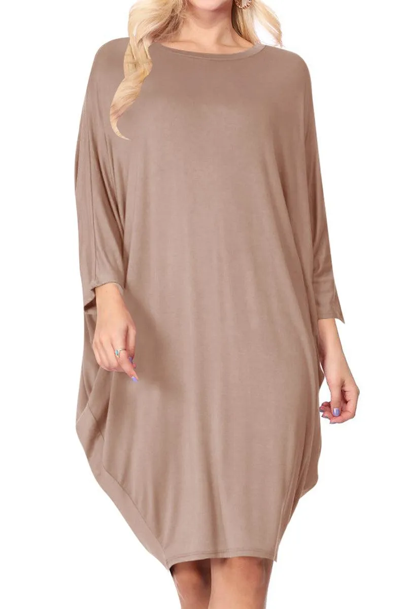 Women's Casual Loose Fit Long Sleeves Dolman Style Solid Midi Dress