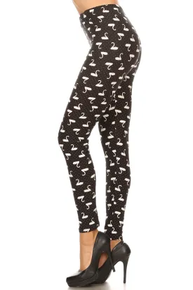 Women's Plus B&W Swans Birds Pattern Print Leggings