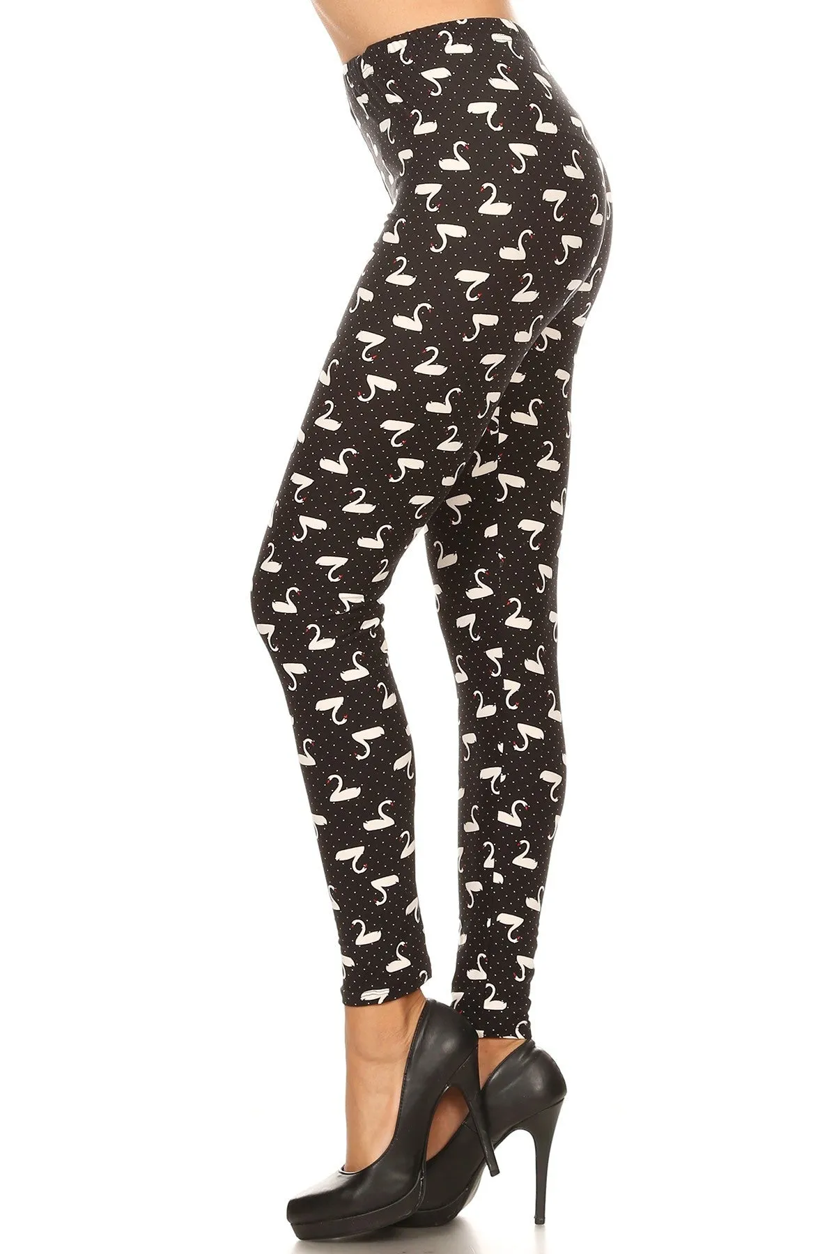 Women's Plus B&W Swans Birds Pattern Print Leggings