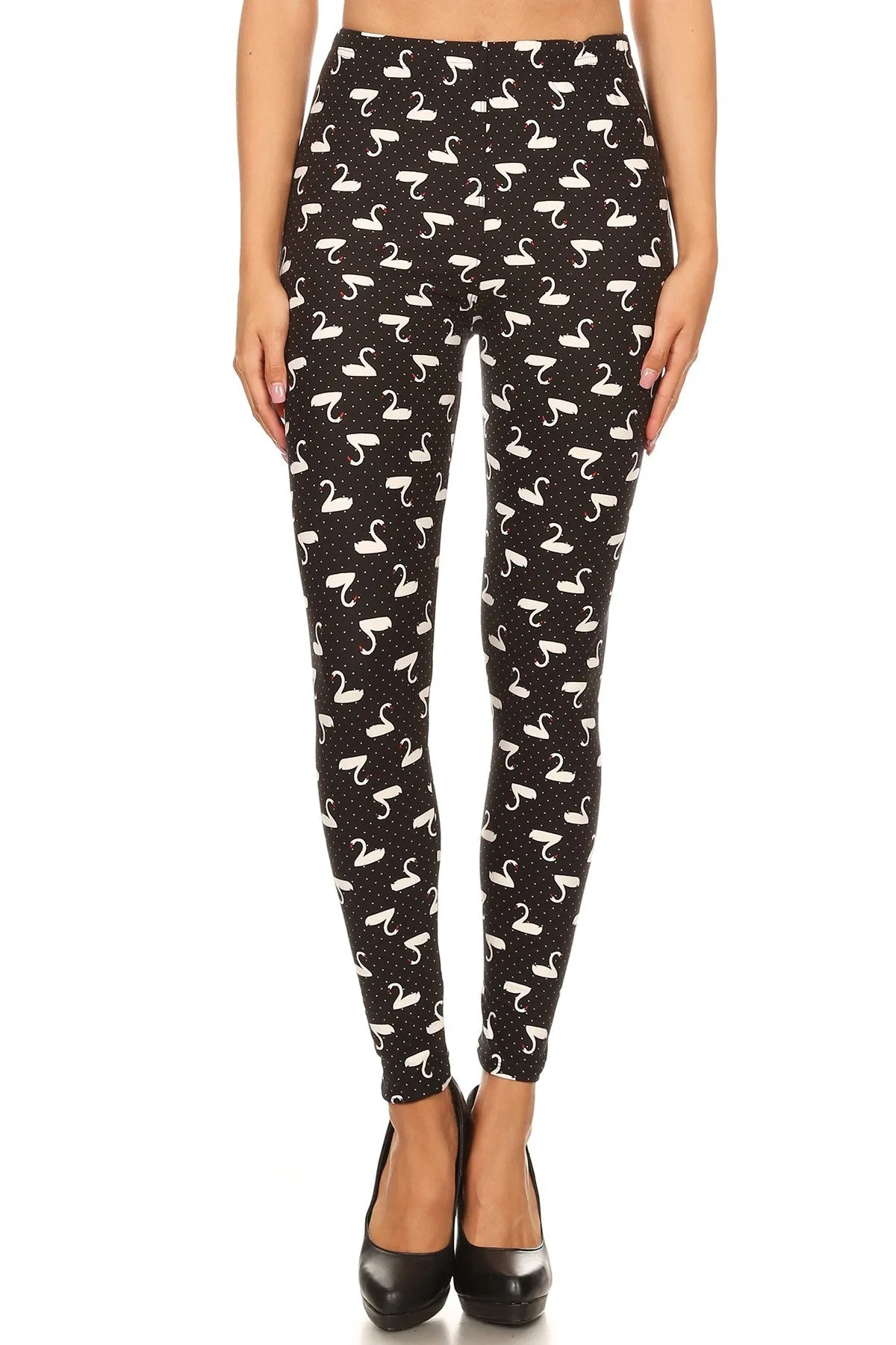 Women's Plus B&W Swans Birds Pattern Print Leggings