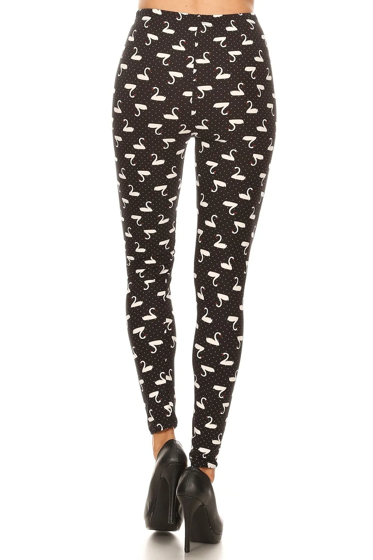 Women's Plus B&W Swans Birds Pattern Print Leggings