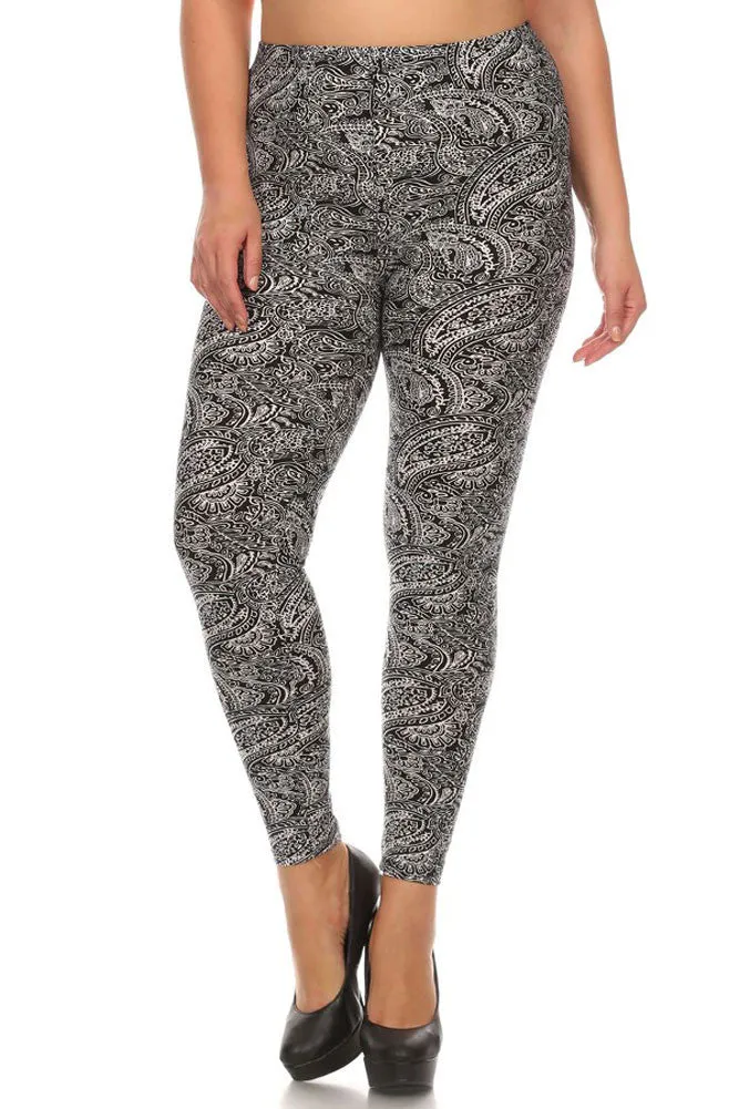 Women's Plus Gorgeous Paisley Pattern Print Leggings - Black White