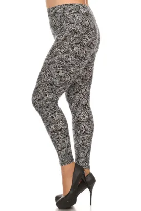 Women's Plus Gorgeous Paisley Pattern Print Leggings - Black White