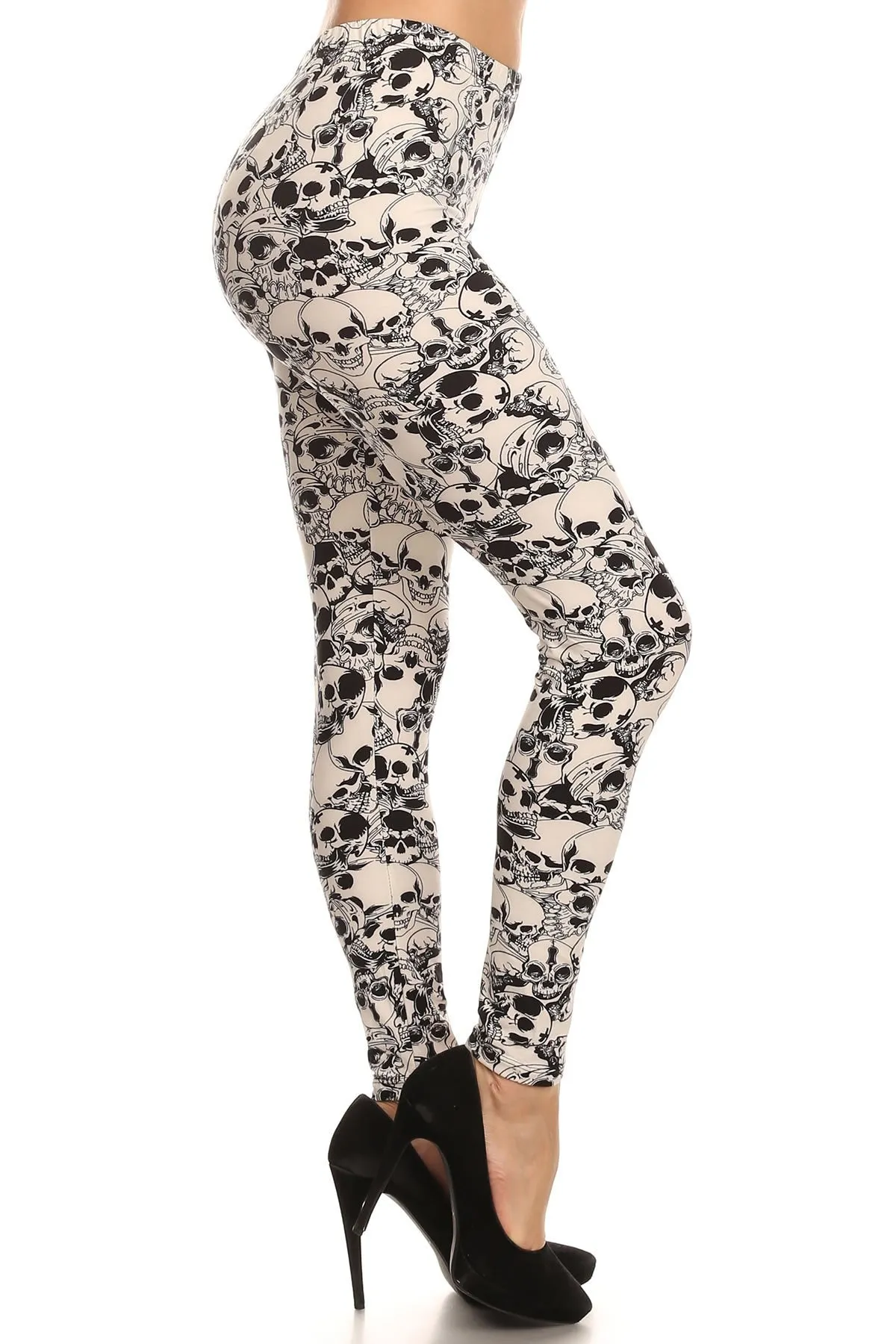 Women's Regular Catacombs of Paris Pattern Print Leggings - Halloween White Skull