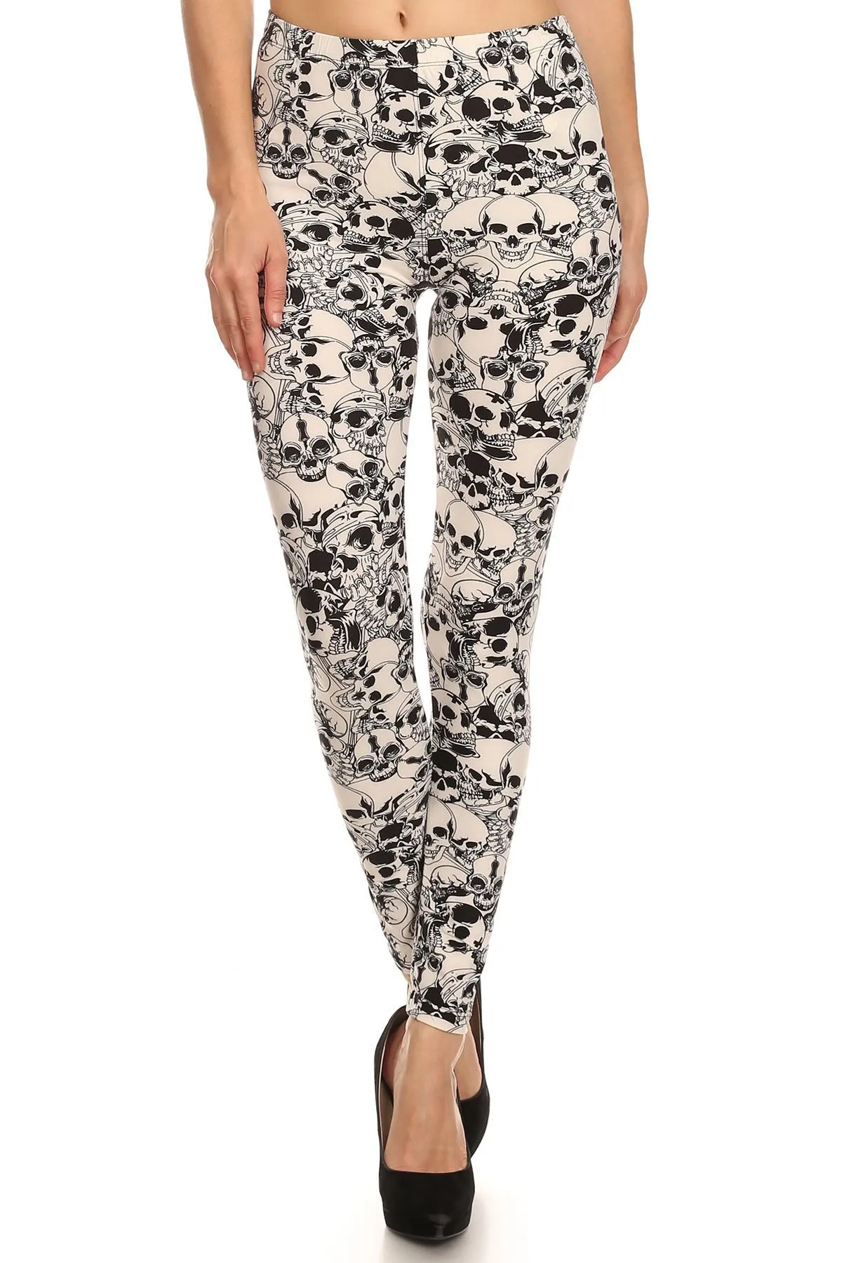 Women's Regular Catacombs of Paris Pattern Print Leggings - Halloween White Skull