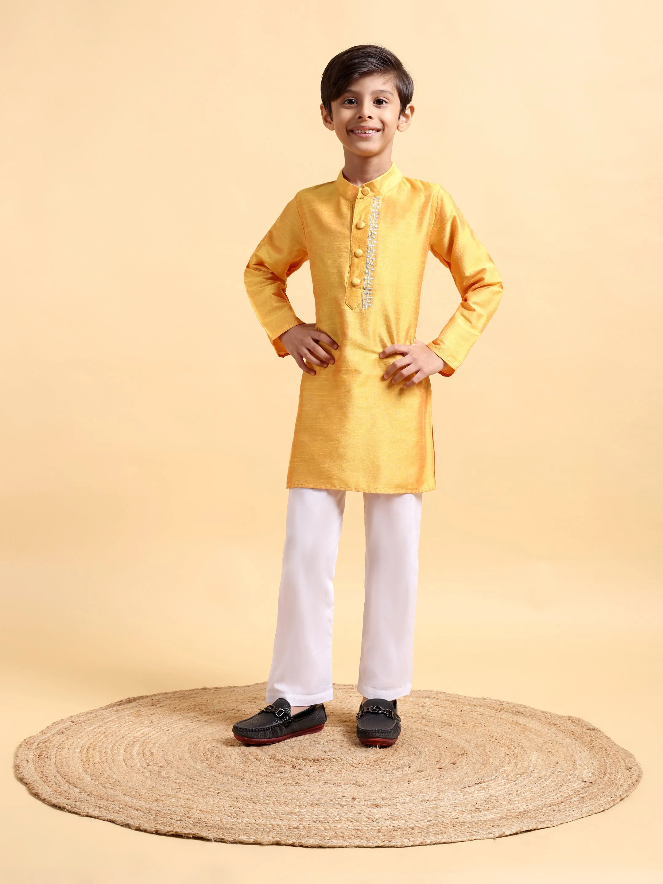 Yellow Embriodery Cotton Silk Kurta & Pajama Set