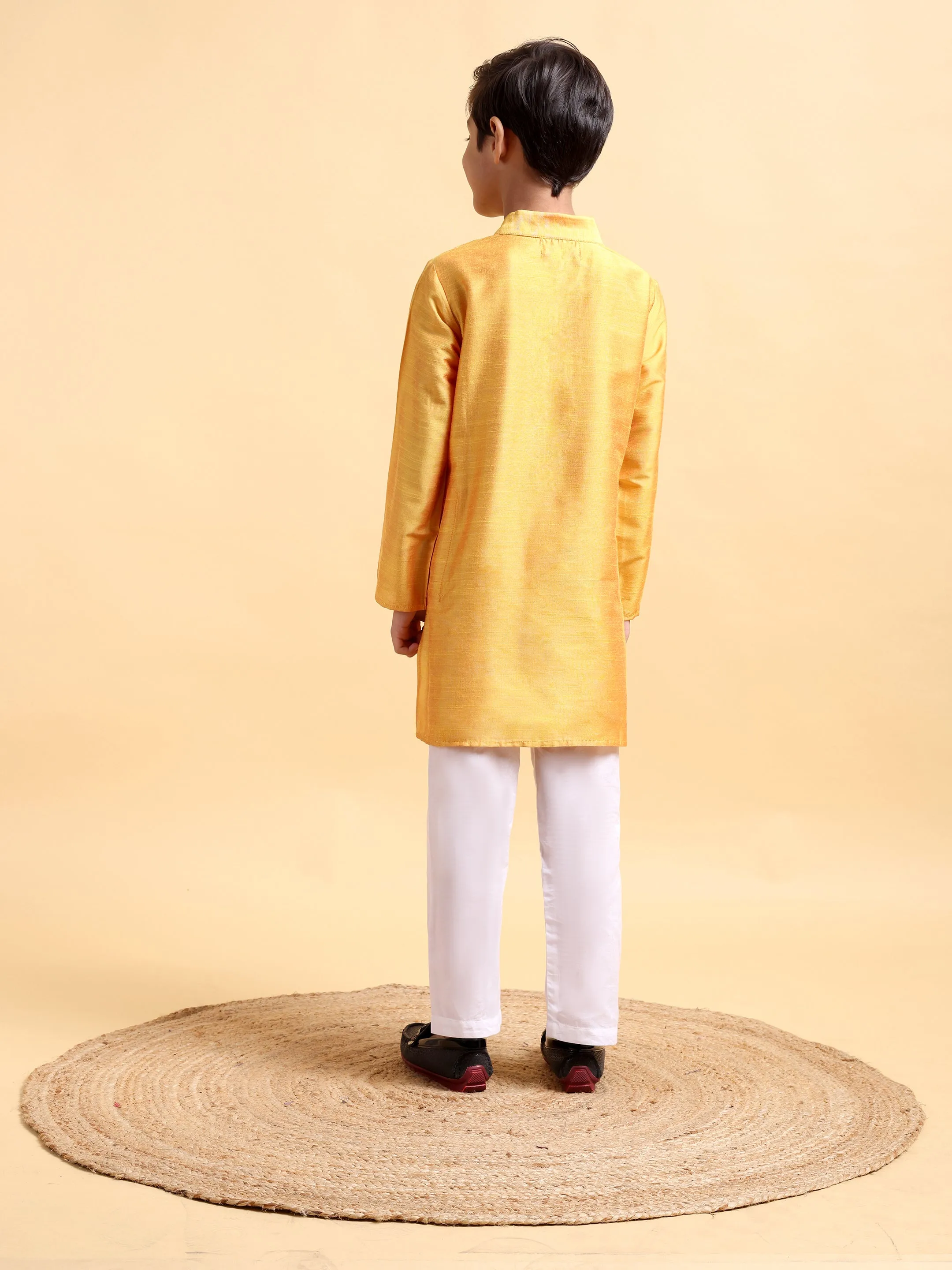 Yellow Embriodery Cotton Silk Kurta & Pajama Set